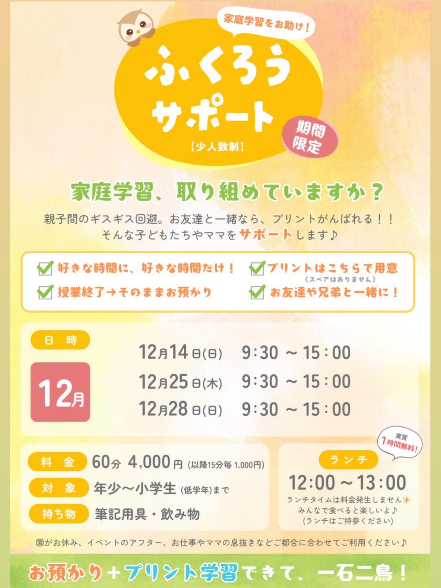【ふくろうサポート　12月】

12月もふくろうサポート開催が決まりました！

年少、年中、年長、
“小学生”も対象のイベントです👀✨

4名前後までの少人数で刺激し合いながら、
"その子に合わせた" 内容で授業を進めていきます！👩‍🏫
年少から小学生低学年
新一年生やふくろう卒業生もぜひ🥰

１時間から気軽にご予約頂けます♪

詳細はチラシをご覧ください。

#年少
#新年中
#年中
#新年長
#年長
#小学校受験
#お受験
#個別指導
#マンツーマン
#私立小学校
#国立小学校
#小学校受験ママと繋がりたい
#関西ママ
#大阪ママ
#追手門学院小学校
#城星学園小学校
#関西大学初等部
#関西学院初等部
#同志社国際学院初等部
#四天王寺小学校
#帝塚山学院小学校
#帝塚山小学校
#近畿大学附属小学校
#立命館小学校
#同志社小学校
#洛南高等学校附属小学校
#大阪教育大学附属天王寺小学校
#大阪教育大学附属池田小学校
#大阪教育大学附属平野小学校
#家庭学習サポート