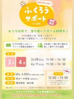 【ふくろうサポート（3、4月）】

お問い合わせの多い“ふくサポ”について、改めてご紹介です🦉
ふくろうは、個別指導が中心の塾ですが、
少人数での授業も行っています✨

先生1人につき平均4名の少人数制で、
ふくろうが準備したプリントに取り組む【集中学習タイム】です💪

＼対象は年少から小学生 低学年まで／

✅ 全体的にいろんな分野に触れる
✅ 知識・数・漢字などの反復演習
✅ 家では取り組みにくいプリント

などなど。毎日の学習では補いにくい部分を“集中できる環境”でサポートします✨️

「人数が少ないし、ここは集中できる！」
「家だと避けがちなプリントにちゃんと取り組めた」との声も😊

⏱ サポートは60分からOK！
お昼を挟んだ2〜3時間利用が人気です🍱
休憩も含めて、メリハリをつけて取り組めます💪

ぜひ、一緒に楽しく学びましょう👩‍🏫

#小学校受験
#お受験
#私立小学校
#関西ママ
#大阪ママ